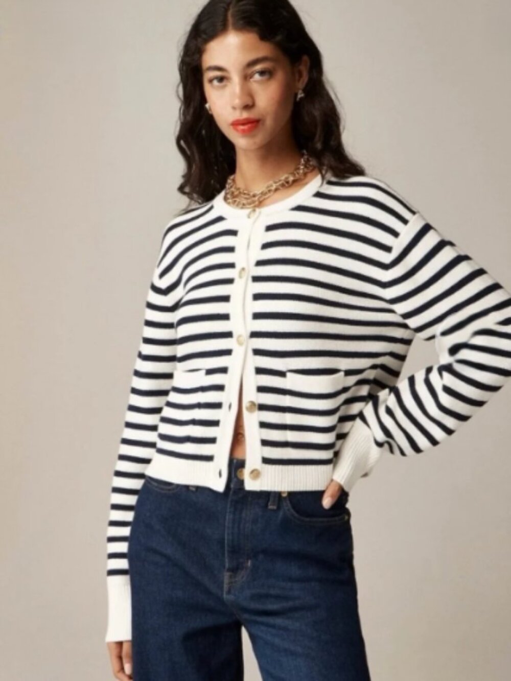 J Crew NEW Size XL Emilie Sweater Lady Jacket Stripe Cardigan Cream Navy Blue